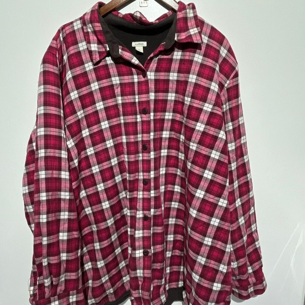LL Bean Fleece Lined Flannel Shirt Jacket‎ Pink Plaid Womens 3X 285015